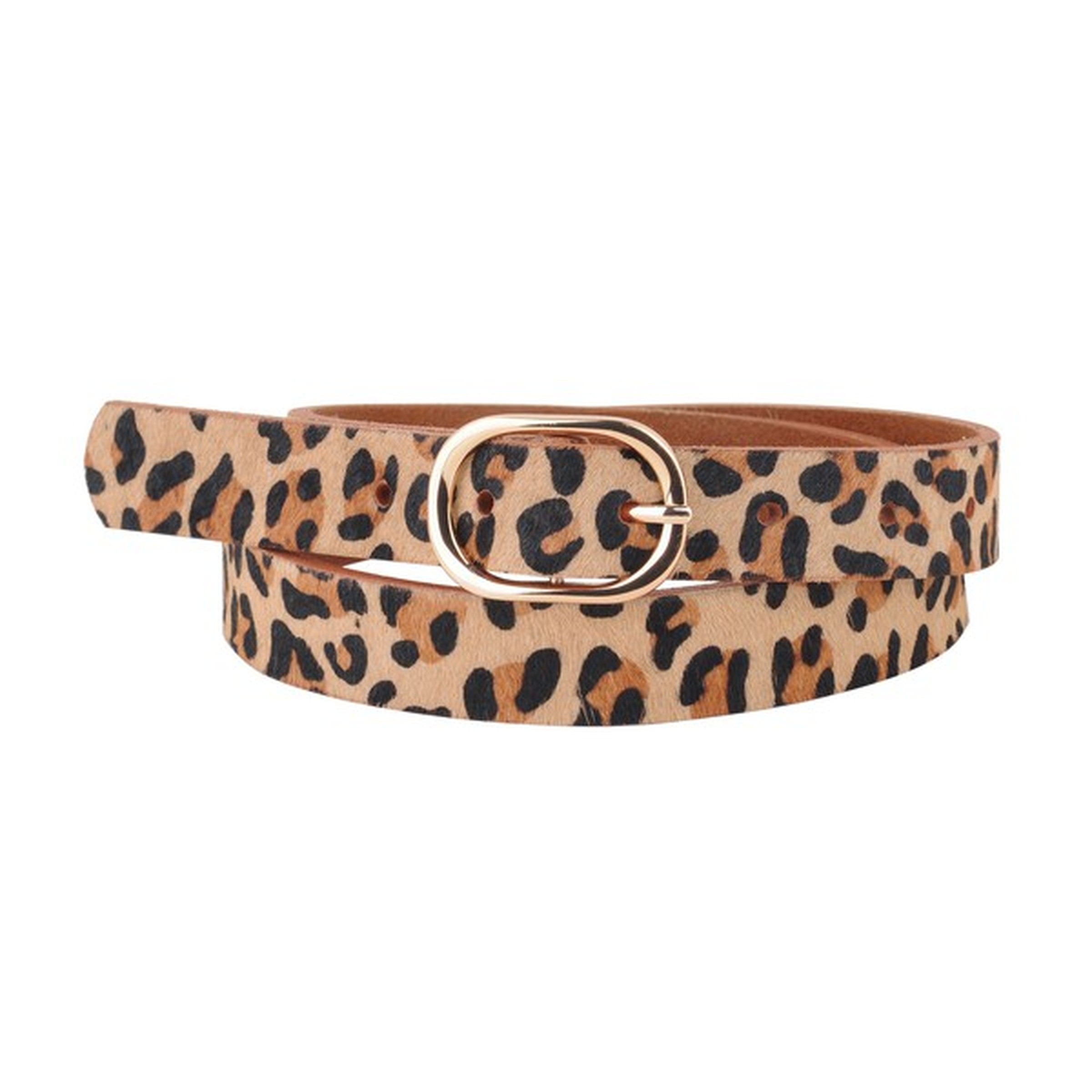 A slim leopard-print belt, the kind of accessory Autumn & April carries.